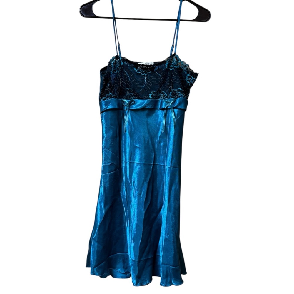 Nines Large Satin Mini Slip Dress Blue Lace Trim Night Lingerie Size Large